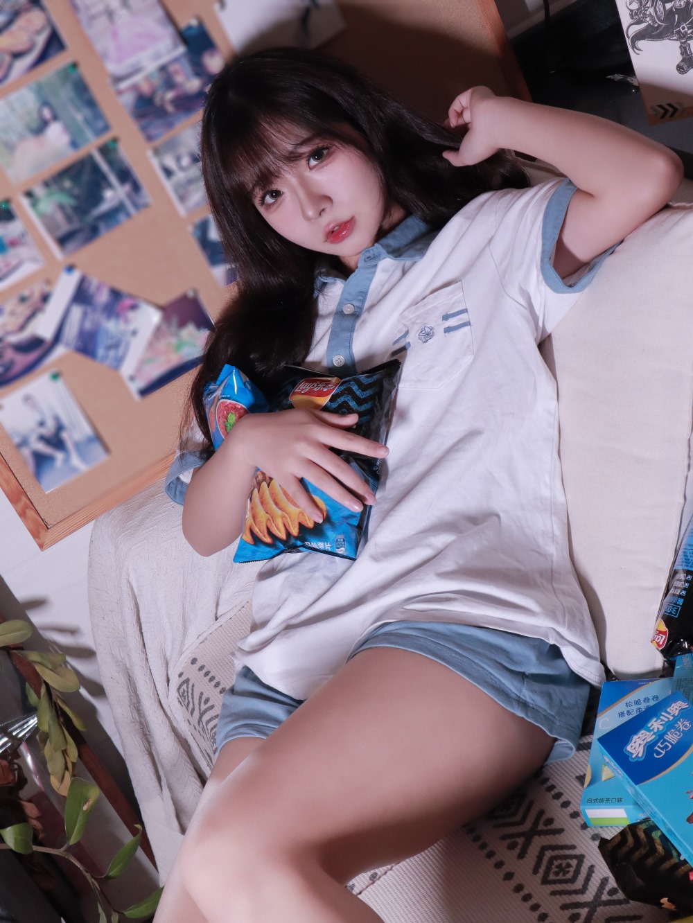 少女,蓝白条,yuuhui玉汇,蓝白条少女