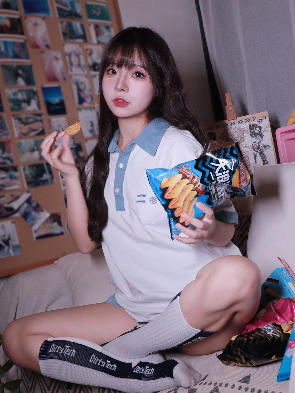 少女,蓝白条,yuuhui玉汇,蓝白条少女
