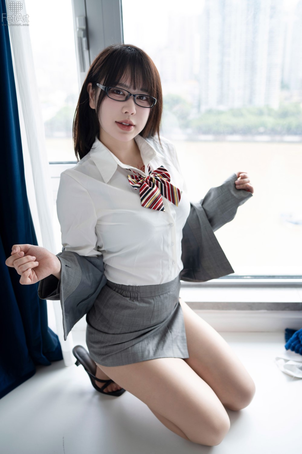 模特,作品,OL,衬衫,白衬衫,都市,性感,白领,in,the,职场,眼镜,静谧,蓝色,B,深蓝,Tina,灰色职业套装