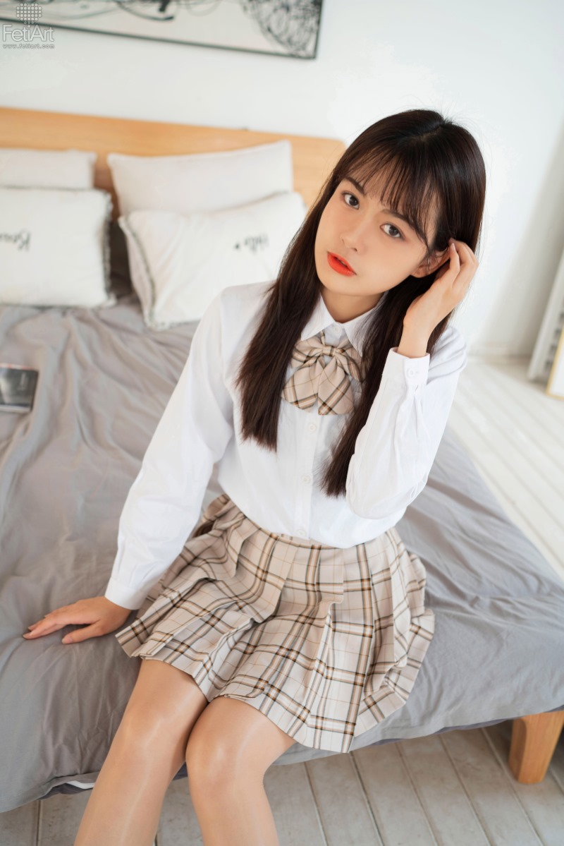 模特,艺术,女孩,衬衫,制服,长发,少女,短裙,居家,文静,白色,经典,Pretty,Re,Yoake,格纹领结,白色长袖衬衫,格纹领结与短裙