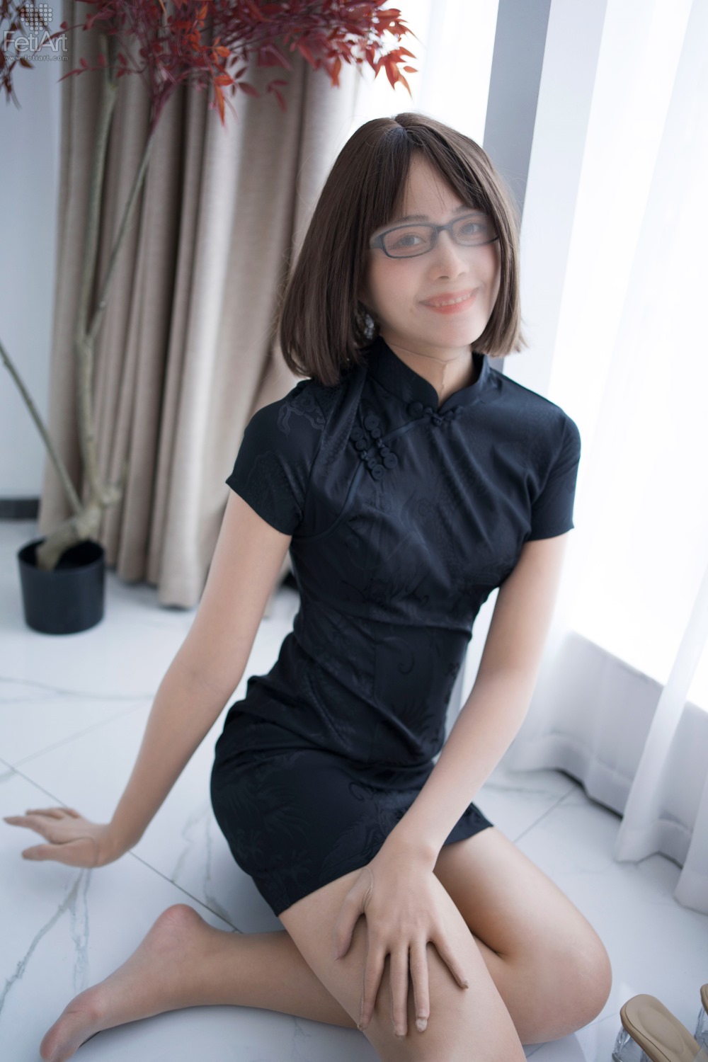 模特,旗袍,Miss,微微,眼镜,静谧,黑色,短发,Mmi,On,东方韵味,黑色短袖旗袍